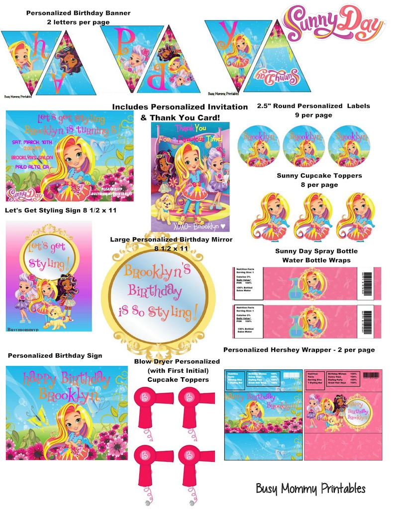 Sunny Day Inspired Party Package Printables-Sunny Day Huge Birthday Party Digital Package with Invitation /& Thank You Personalized FREE