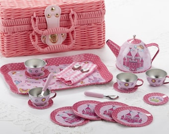 LAST ONE Children's Tin Tea Set for 4-Med Size-Pink Castle Pattern Brand New 19 Pieces  #8000-5