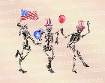 4 lipca tańczące szkielety PNG sublimacja plik projekt koszulki, impreza w USA PNG, patriotyczne png sublimacja, dzień niepodległości png