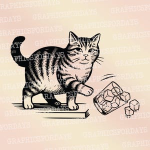 May include: Black and white illustration of a cat knocking over a glass of ice cubes. The cat is striped and has a mischievous expression. The glass is tilted, with ice cubes spilling out. The background is a light peach color.