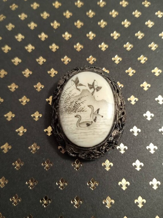 Antique Porcelain Dress Clip, 1900s China Silver D