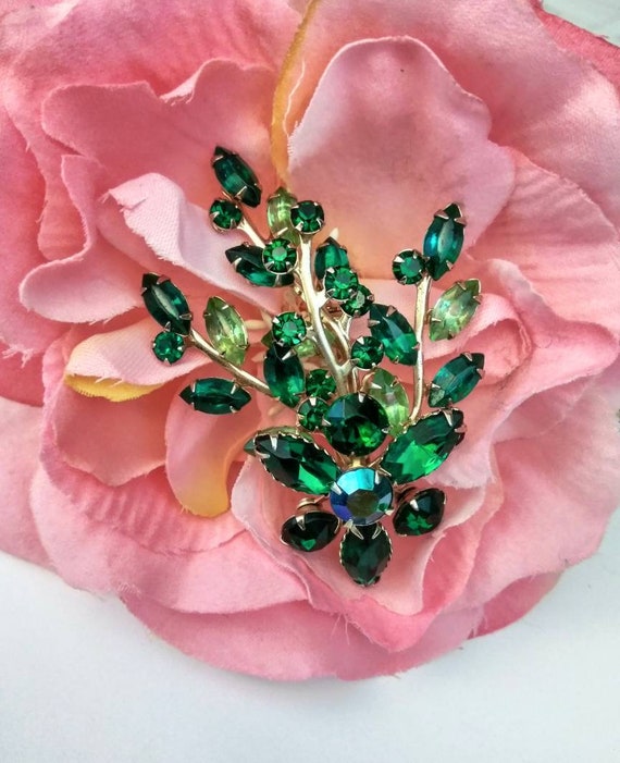 Green Rhinestone Flower Spray Brooch