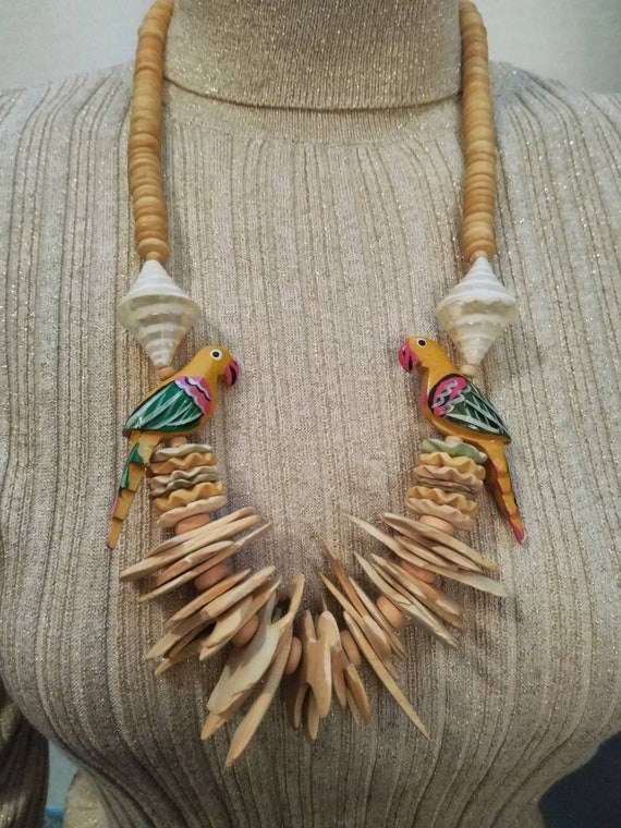 Parrot Chunky Wood Bird Necklace, Hand Painted Nec