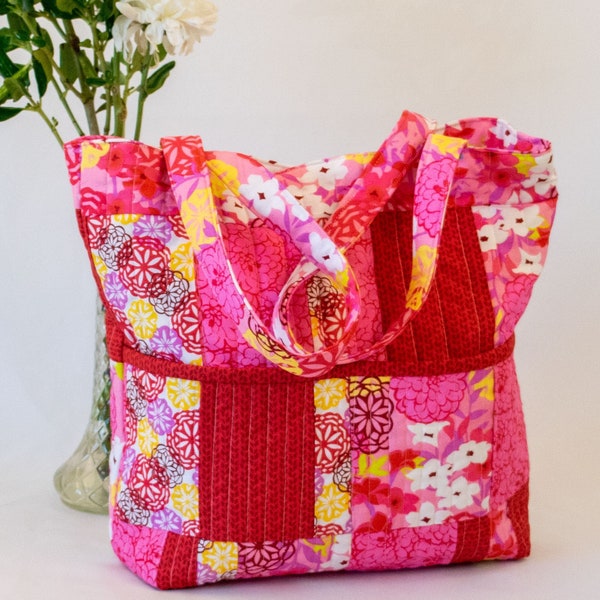 Quilted Tote Bag Kit Handbag/Purse in Pinks and Red Florals with all designer fabric included in your kit. Lots of pockets, one with zipper.