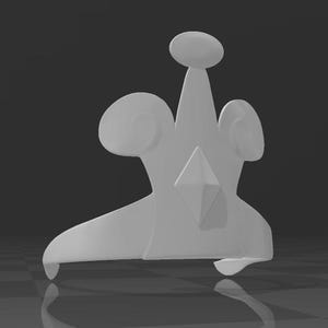 May include: A light gray crown with a diamond-shaped gem in the center. The crown has a curved base and decorative swirls on either side. A rounded oval shape sits atop the crown's center.