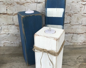Farmhouse Cottage Candlesticks, Blue and White Candle Holders