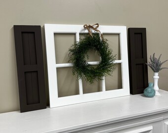 Farmhouse Vintage Style 6 Pane Window Frame, Shutters, Dill Fern Wreath