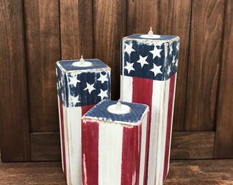 Farmhouse Patriotic Decor, Primitive Patriotic Candle Holders, Fixer Upper Candlesticks, Americana Decor, Memorial Day, July 4th, Labor Day