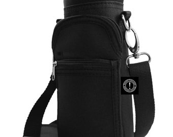 Black Water Bottle Holder Carrier Bag Flask Swell Type Bottles. Adjustable Straps 2 Pocket Sling Neoprene Hydro  Sleeve 16oz 25oz 40oz