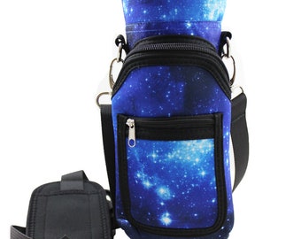 Blue Galaxy Stars Water Bottle Holder Carrier Bag Flask Swell Shoulder/Hand Strap 2 Pocket Sling Neoprene Hydro Sleeve 16oz 20oz 25oz 40oz