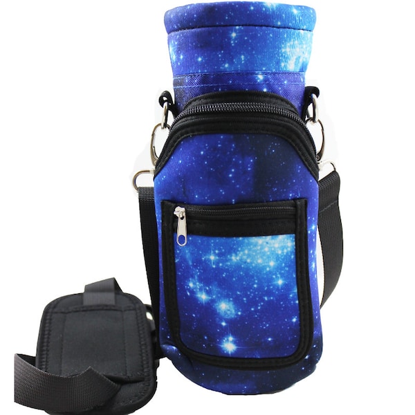 Blue Galaxy Stars Water Bottle Holder Carrier Bag Flask Swell Shoulder/Hand Strap 2 Pocket Sling Neoprene Hydro Sleeve 16oz 20oz 25oz 40oz