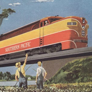 May include: Vintage illustration of a Southern Pacific train, featuring a red, yellow, and orange locomotive. The train travels on a bridge over a field with two figures. A map of the Sunset Route is in the lower left corner.