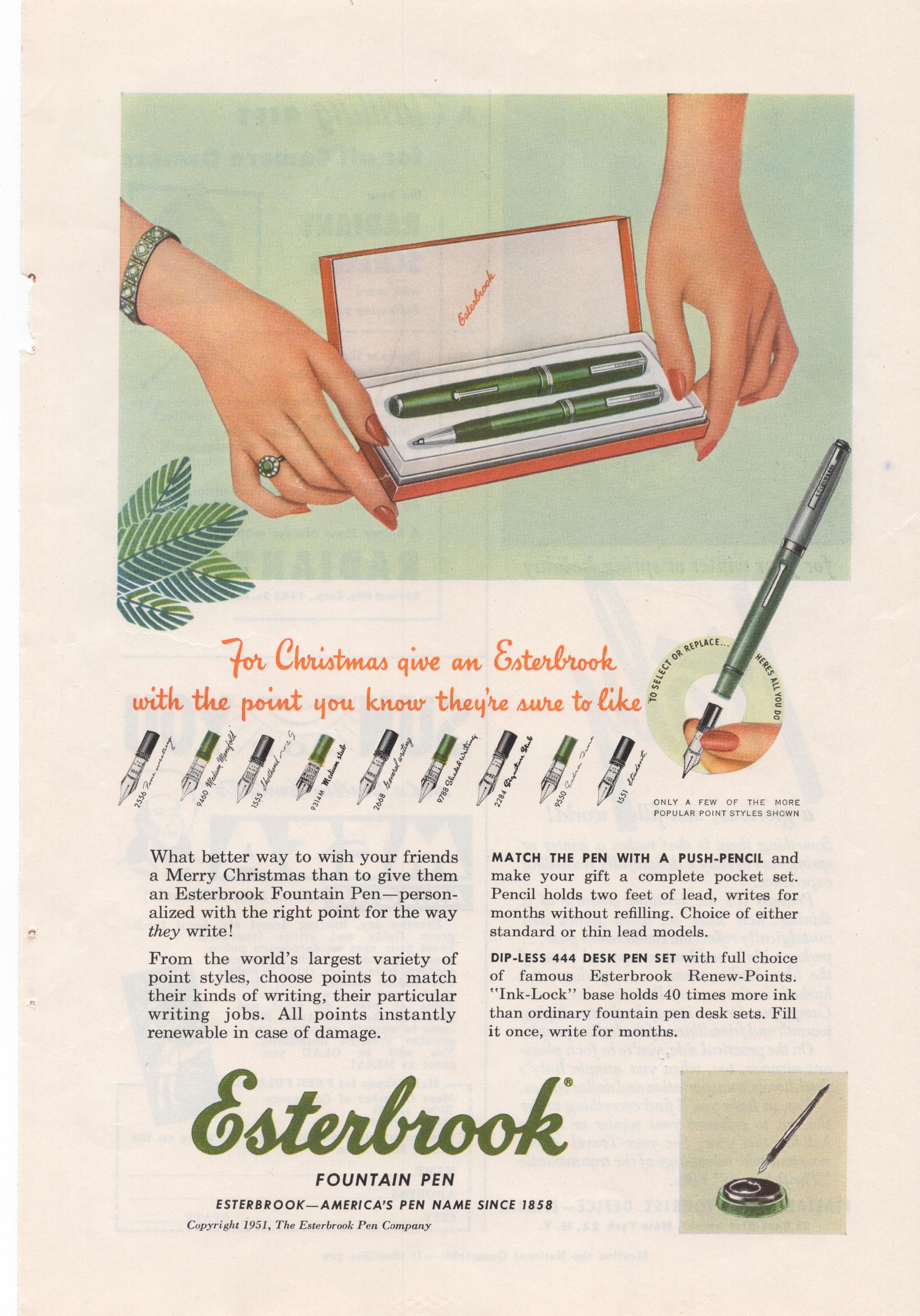 1954 Esterbrook Fountain Pen Christmas Ad Italy Travel Radiant