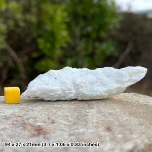 May include: A light blue-white mineral specimen with a rough texture, next to a small yellow cube. The mineral measures 9.4 x 2.7 x 2.1 cm. The background is blurred, with green foliage.
