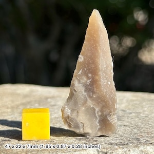 May include: A light brown, triangular stone with a sharp point, next to a small yellow cube. The stone measures 1.85 x 0.87 x 0.28 inches. The objects are on a stone surface, with a blurred green background.