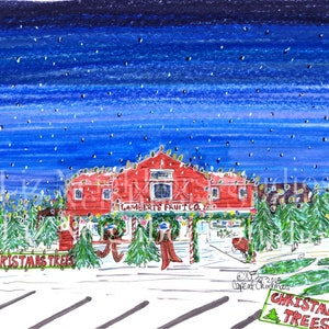 May include: A red building with the words "Lambert's Fruit Co." on the front, surrounded by Christmas trees and a sign that reads "Christmas Trees". The building is lit up with Christmas lights and there is snow on the ground.