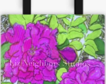 18”Canvas Tote- Bright Floral -Garden Flowers - Peonies- Pink & Green --Shopping Bag- Market Bag- Great gift!