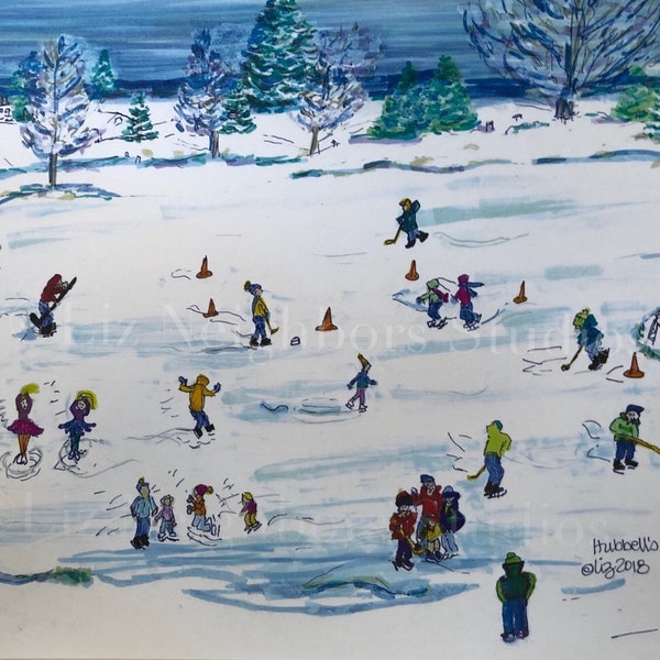 Liz Neighbors Art "Hubbell's Skating" Print Hubbell's Pond - Garden City - Ice Skating -Winter Scene- gift