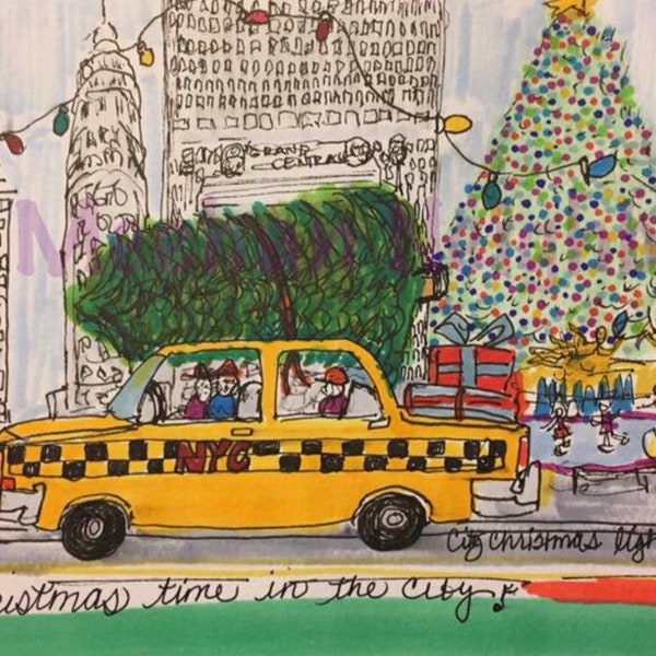 Liz Neighbors Studios Art Matted 8" x 10" Print Christmas Lights & Sights - New York City - NYC Taxi - Christmas Tree -Rockefeller Center