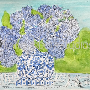 Summer Hydrangeas Art Matted Watercolor Print By Liz Neighbors - Blue White Chinoiserie Ginger Jar - Wall Decor