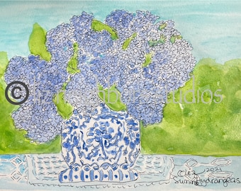 Summer Hydrangeas Art Matted Watercolor Print By Liz Neighbors - Blue White Chinoiserie Ginger Jar - Wall Decor