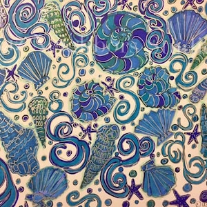 Liz Neighbors Art &quot;Shiny Sparkle Sea Treasures&quot; Blue Seashell Print
