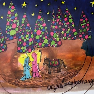 Liz Neighbors Studios Art "Away in a Manger" Tarjetas de Navidad - Vacaciones- Tarjetas en blanco- Tarjetas de notas - Jesús María José - Pesebre