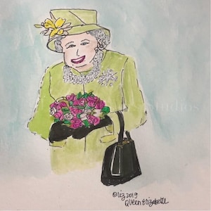 Liz Neighbors Studios Original Art Print “Queen Elizabeth ll” Whimsical Rendering