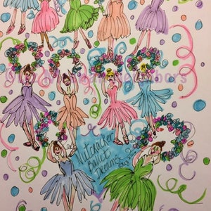 May include: A whimsical illustration of ballerinas in colorful tutus holding floral wreaths. The text "Nutcracker Ballet Dreams" is written in blue and green on a white background.