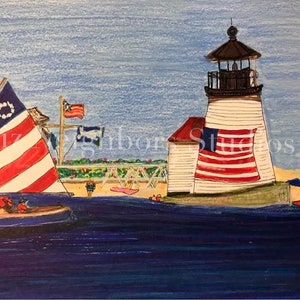 May include: A colorful painting of a lighthouse with an American flag flying from it. A sailboat with a red, white, and blue sail is in the foreground. The painting is set against a blue sky and water.