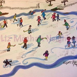 Puede incluir: Una ilustración dibujada a mano de una escena de invierno con personas patinando sobre hielo en un estanque congelado. El estanque está rodeado de árboles y una valla blanca de madera. Las personas llevan ropa de invierno y patinan en diferentes direcciones. La ilustración está hecha en un estilo de dibujos animados y es colorida.