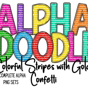 Colorful Confetti Striped Doodle Letters, Fun Bright PNG Alphabet, Cute Letter Clipart, Doodle Letter PNG for Sublimation, Custom Print Font