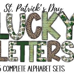 St. Patrick&#39;s Day Doodle Alphabet, St Patricks Day PNG letters, 5 Complete Capital Alphabet PNG sets, St Patricks Day Pattern Letters
