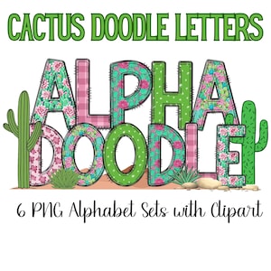 Lettres de griffonnage de cactus, clipart d’alphabet de cactus, alphabet de griffonnage de cactus PNG, alphabet d’impression, fleurs de cactus, lettres de sublimation, police de cactus