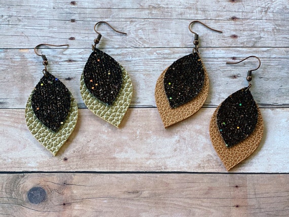 Double Sided Faux Leather Earrings With Glitter Layer Thick