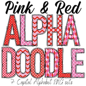 Pink and Red Doodle Alphabet PNG Set, Doodle Letters for Print, Sublimation PNG Letters, Alphabet Clipart, Pink and Red Letters, Cute Alpha