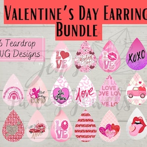 Valentine&#39;s Teardrop Earring PNG Bundle, 16 PNGs for Sublimation, Valentine Earring Designs, Sublimation Earring PNG, Instant Download