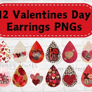 Valentine&#39;s Teardrop Earring PNG Bundle, 12 PNGs for Sublimation, Valentine Earring Designs, Sublimation Earring PNG, Instant Download