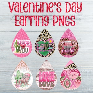 Valentine&#39;s Teardrop Earring PNG Bundle, 6 Cute Valentine&#39;s Day Designs for Sublimation Earrings, Vday PNGs, Teardrop PNGs, Valentines png