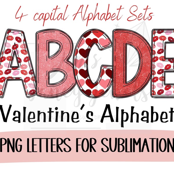 Valentines Alphabet PNG, Pink and Red Valentines Letters for Sublimation, Cute Valentines Day Font for DIY Print or Sublimation, Hearts Lips