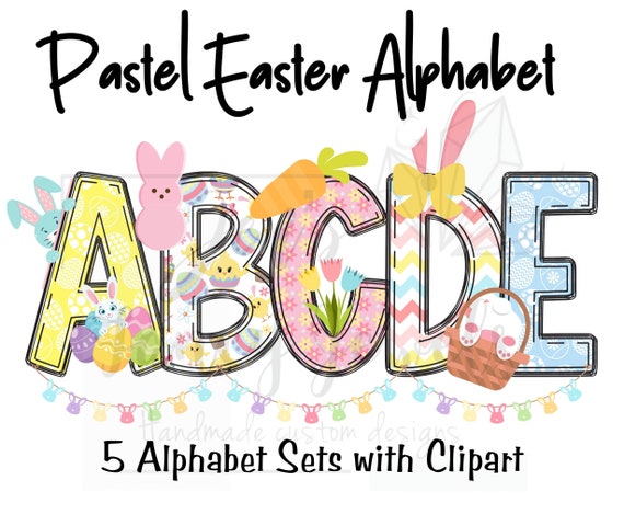 Pastel Easter Alphabet PNGs, 5 Colorful Alphabet Letters with Clipart, Cute Easter Letters for Sublimation, Easter PNG Alphabet Letters
