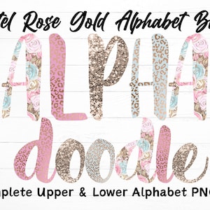 Pastel Rose Gold, Pink and Blue Alphabet PNGs, Roses, Chunky Gold look, Pink, Blue Leopard Print Letters, Alphabet PNG Bundle, Pastel Letter