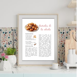 Buñuelos, imprimir, receita ilustrada, receita venezuelana, download digital, ilustração em aquarela, sobremesas venezuelanas, receita para imprimir