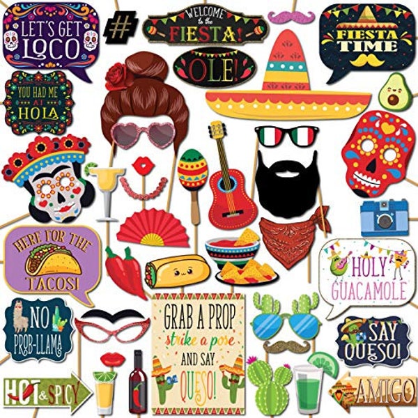 Fiesta and Cinco de Mayo Mexican Party Photo Booth Props 41 Pieces with Wooden Sticks and Strike a Pose Sign by Outside The Booth