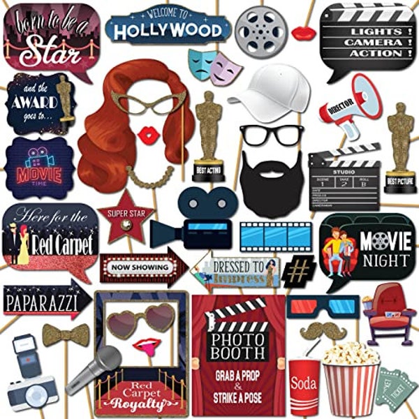 Hollywood Photo Booth Props, 41 Pieces with Wooden Sticks and Strike a Pose Sign by Outside The Booth