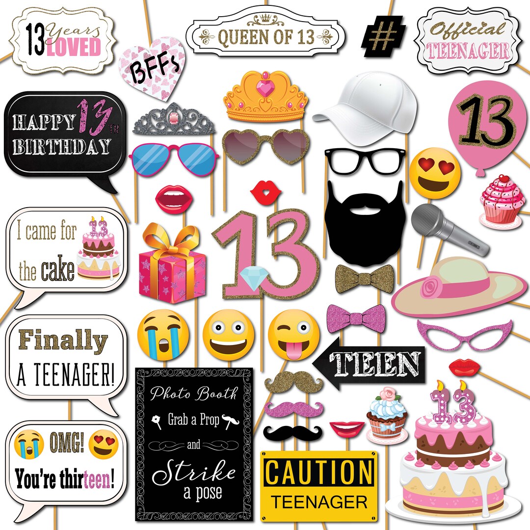13th Birthday Photo Booth Props Party Kit, 41 Pieces With Wooden Sticks ...