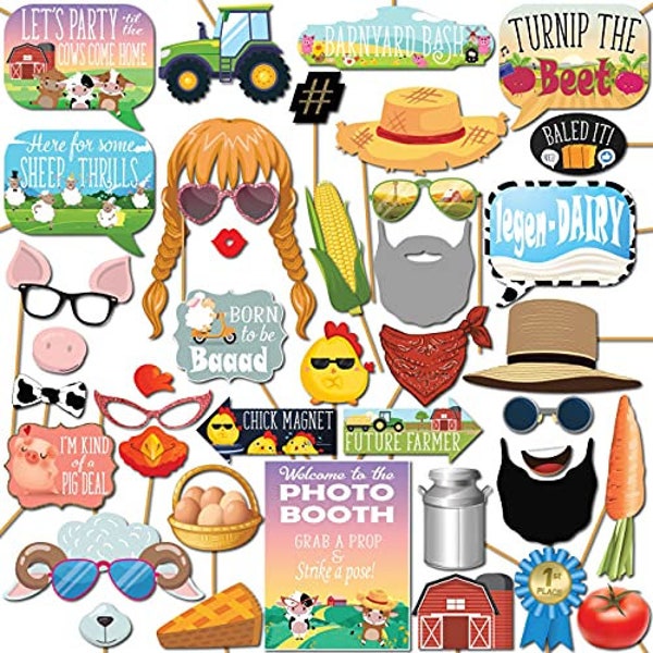 Farm Animal Photo Booth Props, 41 Pieces with Wooden Sticks and Strike a Pose Sign by Outside The Booth