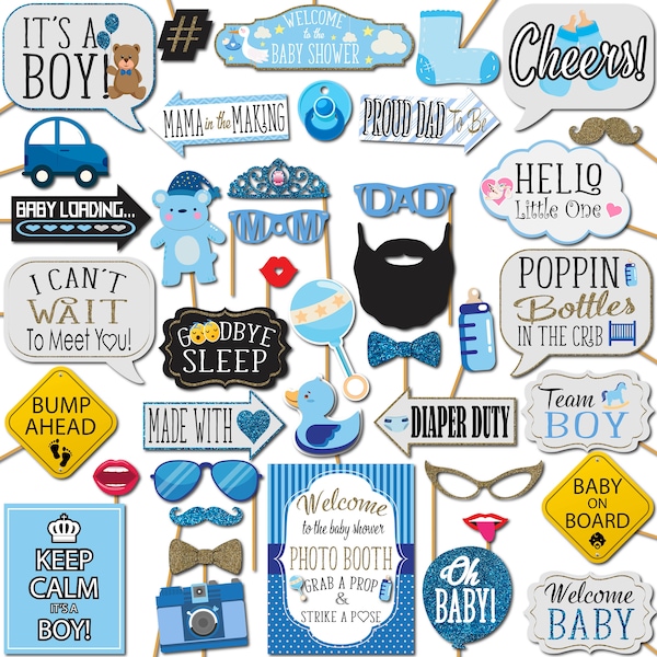 It's a Boy Baby Shower Photo Booth Props 41 Pieces with Wooden Sticks and Strike a Pose Sign by Outside The Booth
