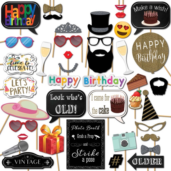 Birthday Photo Booth Props Party Kit, 41 Pieces with Wooden Sticks and Strike a Pose Sign by Outside the Booth
