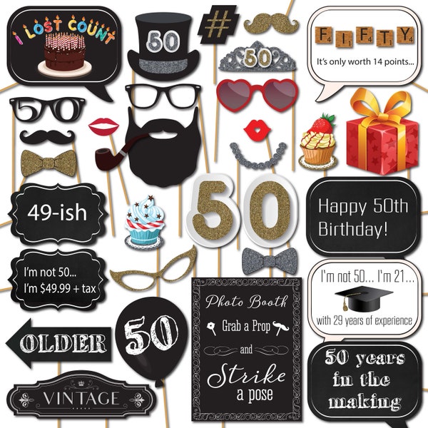 50th Birthday Photo Booth Props with Strike a Pose Sign - 31 Printed Pieces with Wooden Sticks